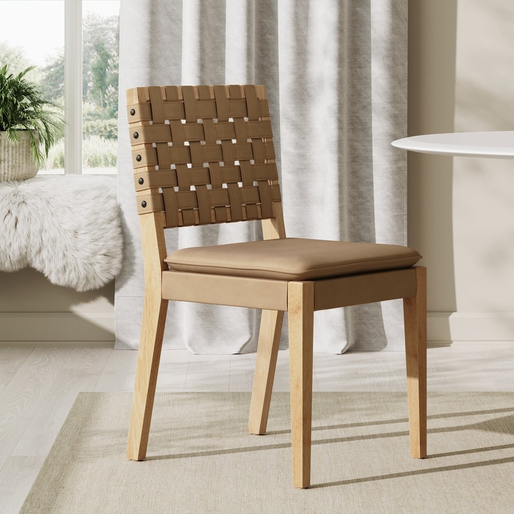 Cohen 19 in. Wood Dining Chair, Mid-Century Modern Upholstered Side Chair with Hand Woven Faux Leather Backrest