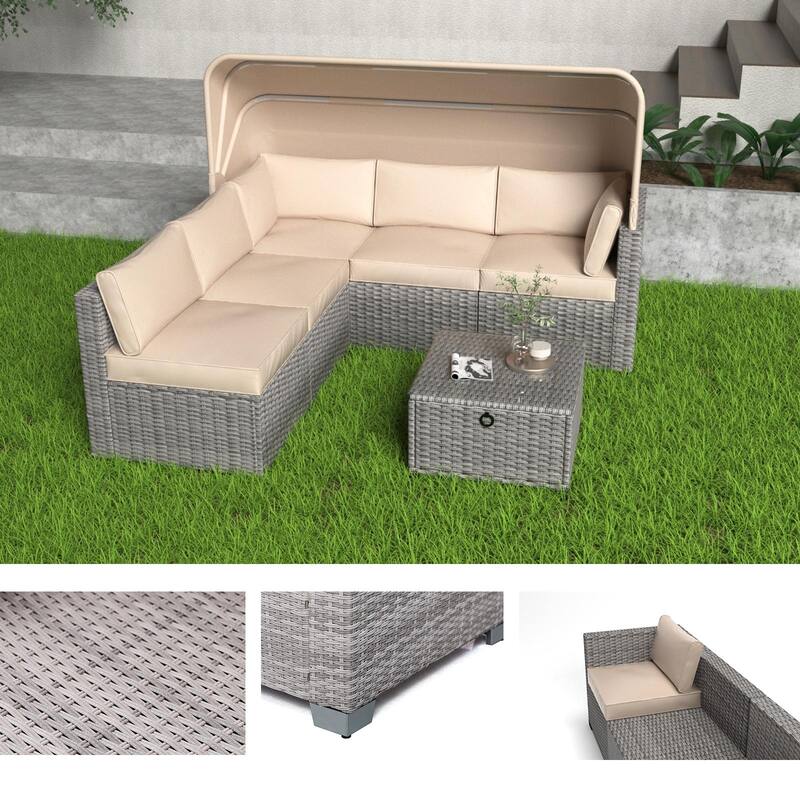 6 Piece Patio Sectional Sofa Set, PE Rattan Daybed with Retractable Canopy, Patio Lounge Set with Adjustable Backrests