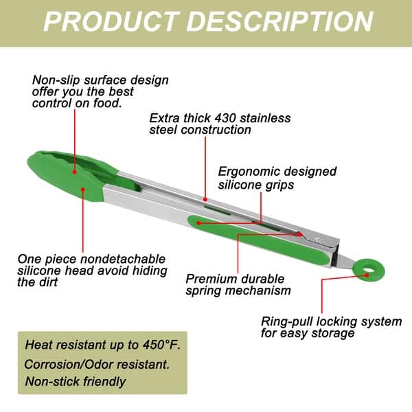 slide 2 of 21, Stainless Steel Kitchen Tongs Set Silicone Cooking Tongs 3Pcs Green