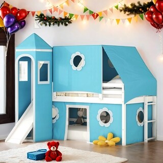 Twin Size Playhouse Loft Bed with Slide Pink Tent and Tower,Spacious Under Bed Space For Home