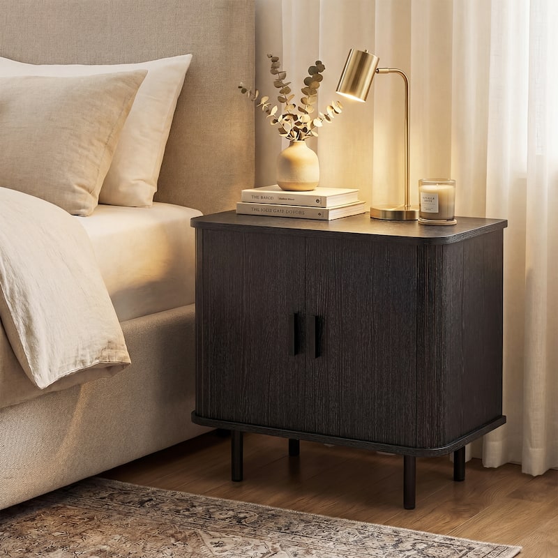 Gymax End Table Modern Mid Century Nightstand w/Sliding Tambour Doors