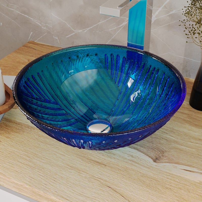 Blue Tempered Glass Round Countertop Bathroom Vessel Sink with Sink Drain Renovators Supply