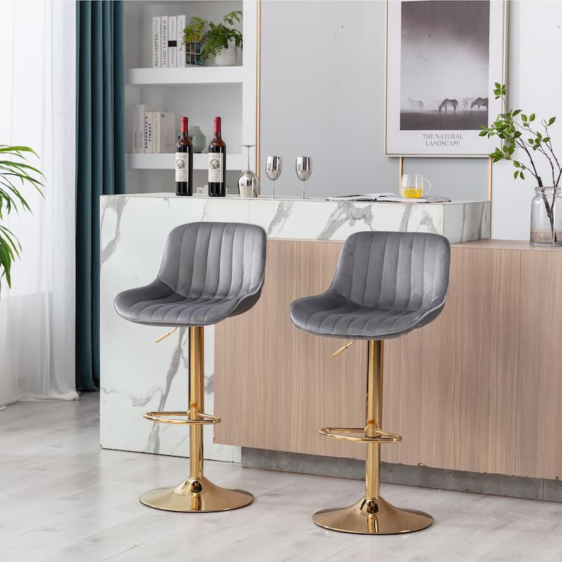 Chrome Footrest and Base Swivel Velvet Bar Stool, Height Adjustable Set of 2