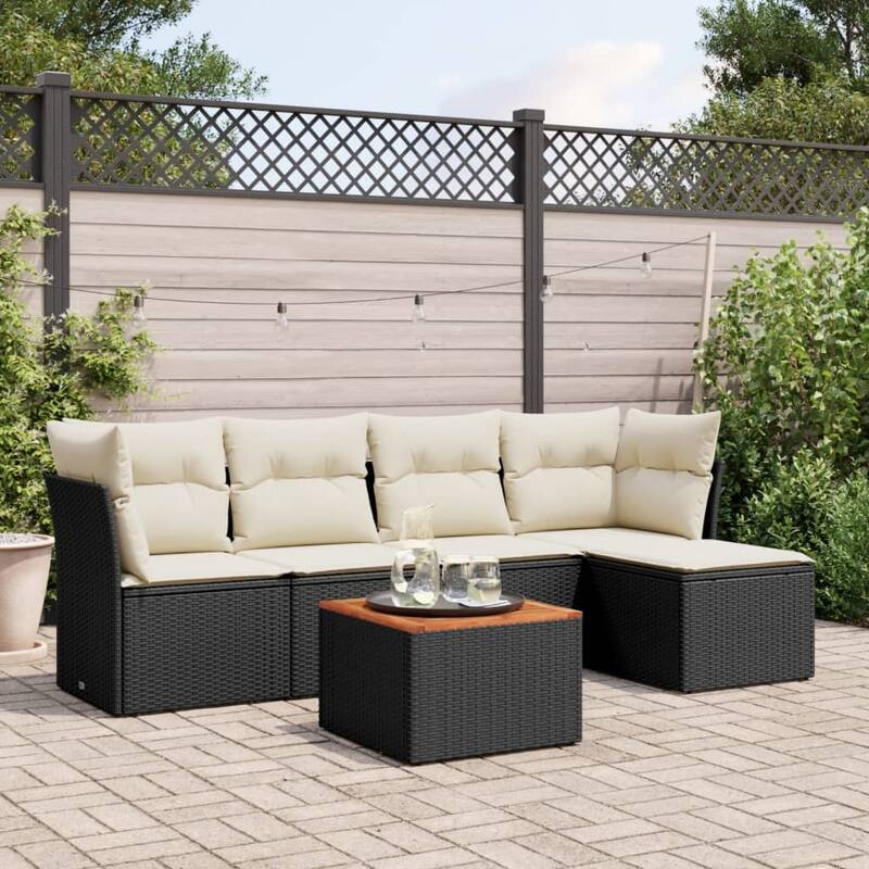 vidaXL Patio Sofa Set with Cushions Outdoor Furniture 6 Piece Poly Rattan - 21.7 x 21.7 x 14.6 - Black and cream