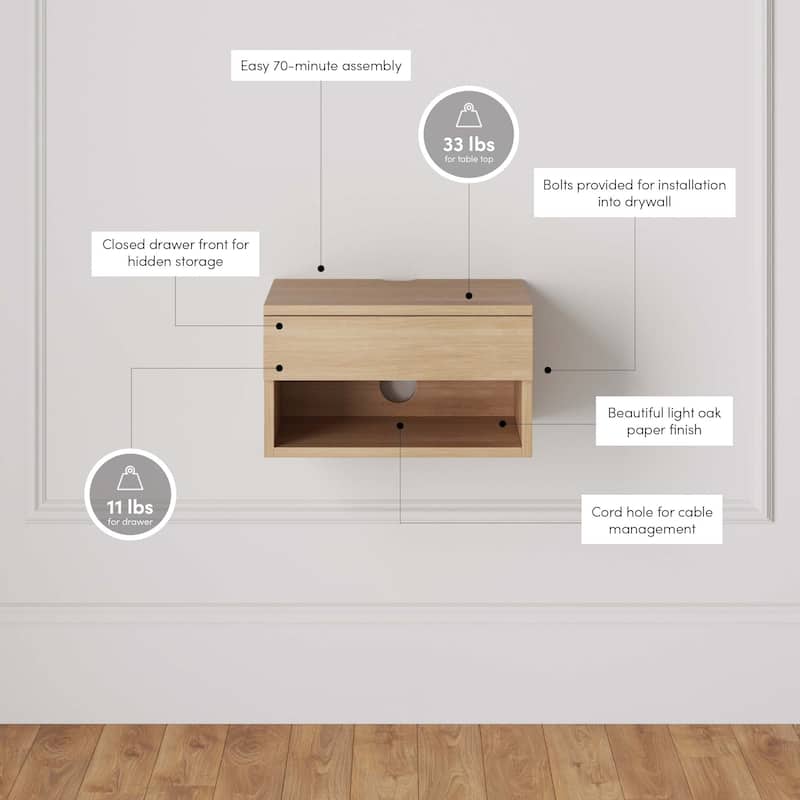 Nathan James Jackson Modern Floating Bedroom Nightstand with Storage Drawer and Open Shelf Cubby