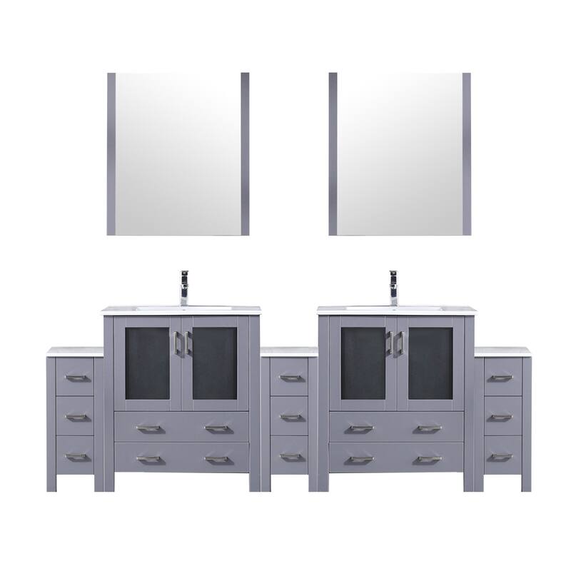 Volez Double Bath Vanity with Side Cabinets, White Ceramic Top, 28 in Mirrors and Faucet Set - 96 - Dark Grey