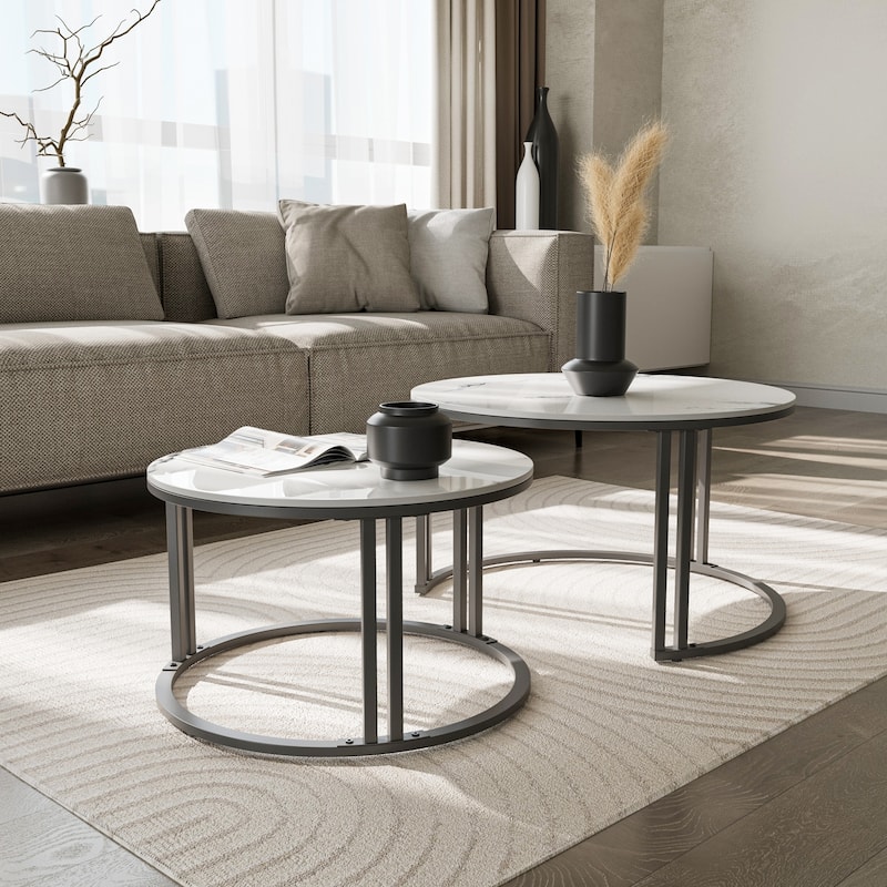 Nesting Round Sintered Stone Coffee Table Jade Ice White