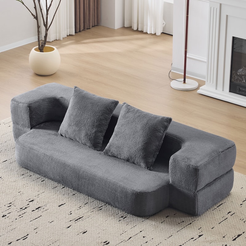 74.81" Faux Fur 3-in-1 3-Seater Floor Sofa, Converts to Bed with Memory Foam