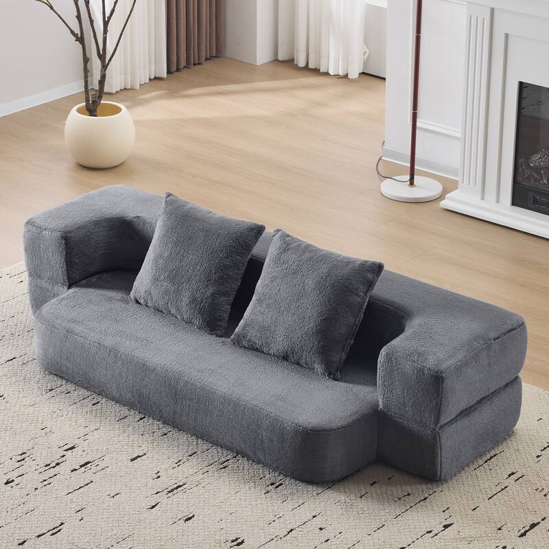 Transformable Sectional Sofa with 3 Ottomans - Fold-Out Bed, Light Grey Chenille Lounger in Faux Fur
