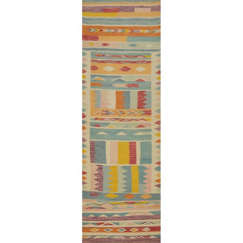 Hand Woven Oriental 100% Wool Carpet Southwestern Tribal Multi-Colored Kilim Runner Rug - 9' 9'' X 2' 7''