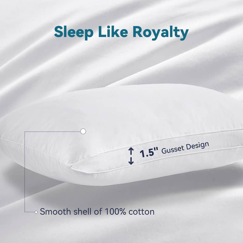 2 Pack Gusseted Goose Feather Down Pillows with Cotton Cover - White