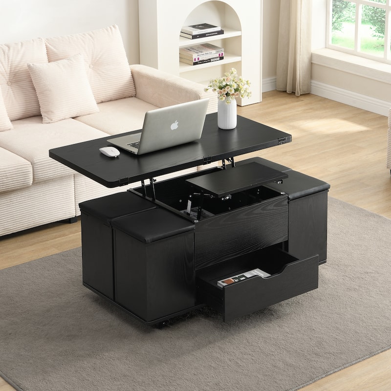 Lift-Top Coffee Table with Hidden Storage & 4 Stools - Multi-Functional Modern Center Table with Casters - Black