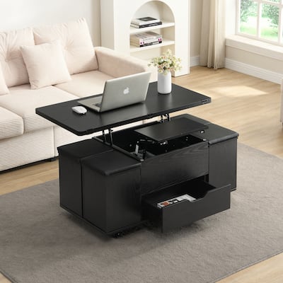 Multi-Functional Lift-Top Coffee Table with Hidden Storage and Stools,Table with 4 Stools and Casters