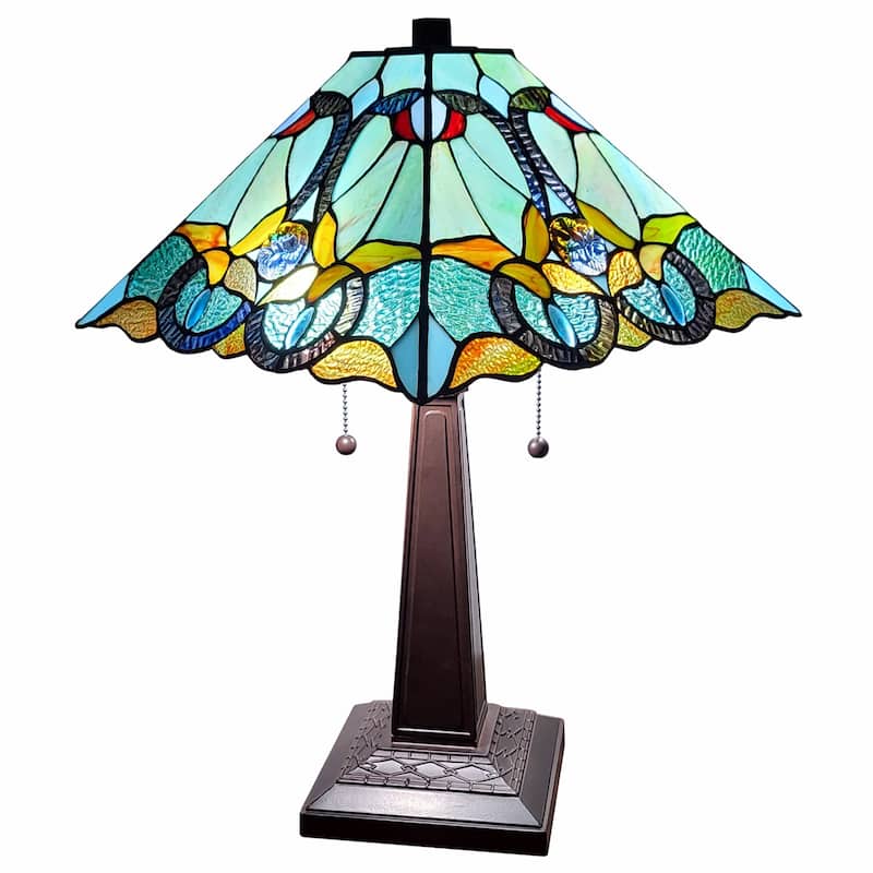 HomeRoots 23" Dark Brown Metal Two Light Table Lamp With Blue and Green Cone Shade - 21' X '23' X '11