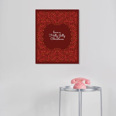 Wynwood Studio Canvas Holiday and Seasonal Holly Jolly Cursive Message Red Modern & Contemporary Wall Art Canvas Print