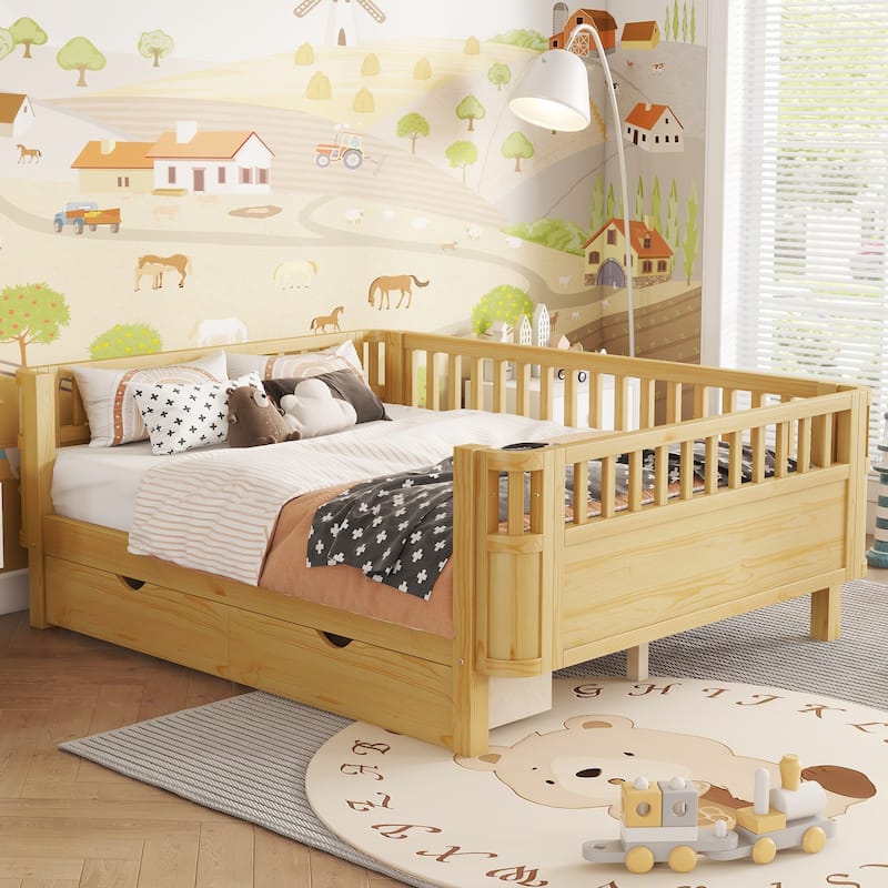 Wooden Kids Bed with 2 Storage Drawers, Guardrails and Removable Side Rail, Rounded Corners Frame Montessori Bed, Toddler Bed