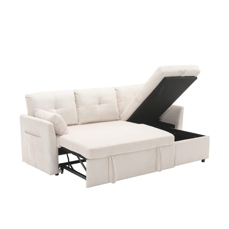 Corduroy/Chenille Upholstered L-Shaped Storage Reversible Chaise Sectional Sofa with Side Pocket