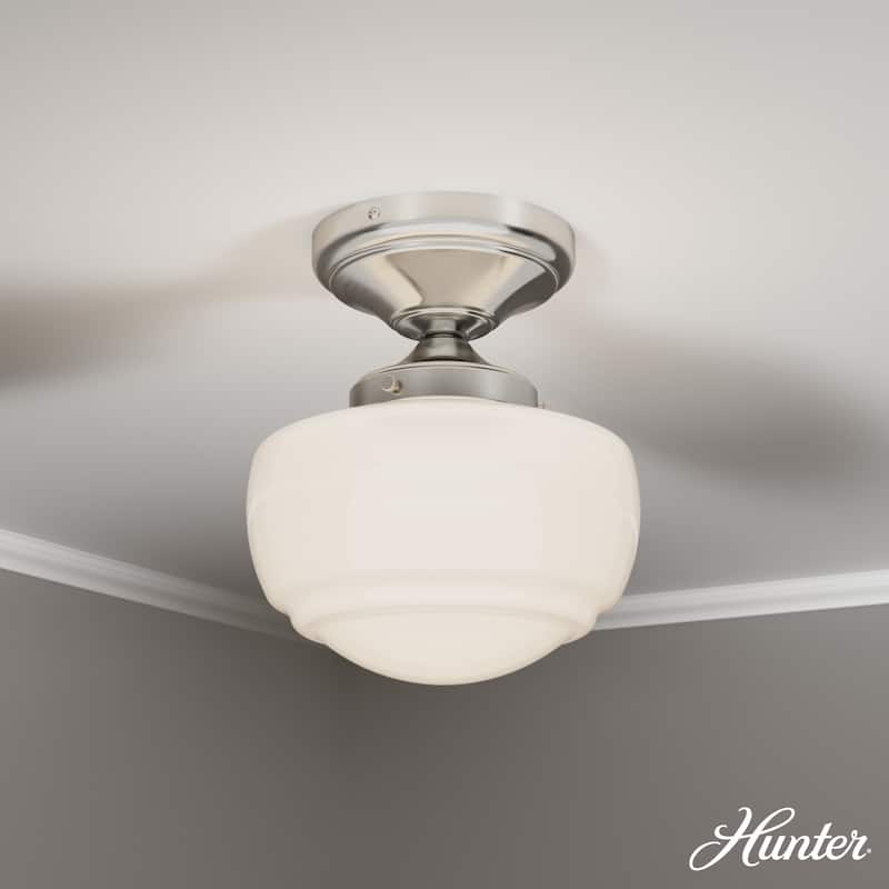 Hunter Saddle Creek 1 Light Contemporary Schoolhouse Flush Mount Ceiling Light - Bathroom, Hallway, Bedroom, Entry - Damp Rated! - Brushed Nickel- White Glass