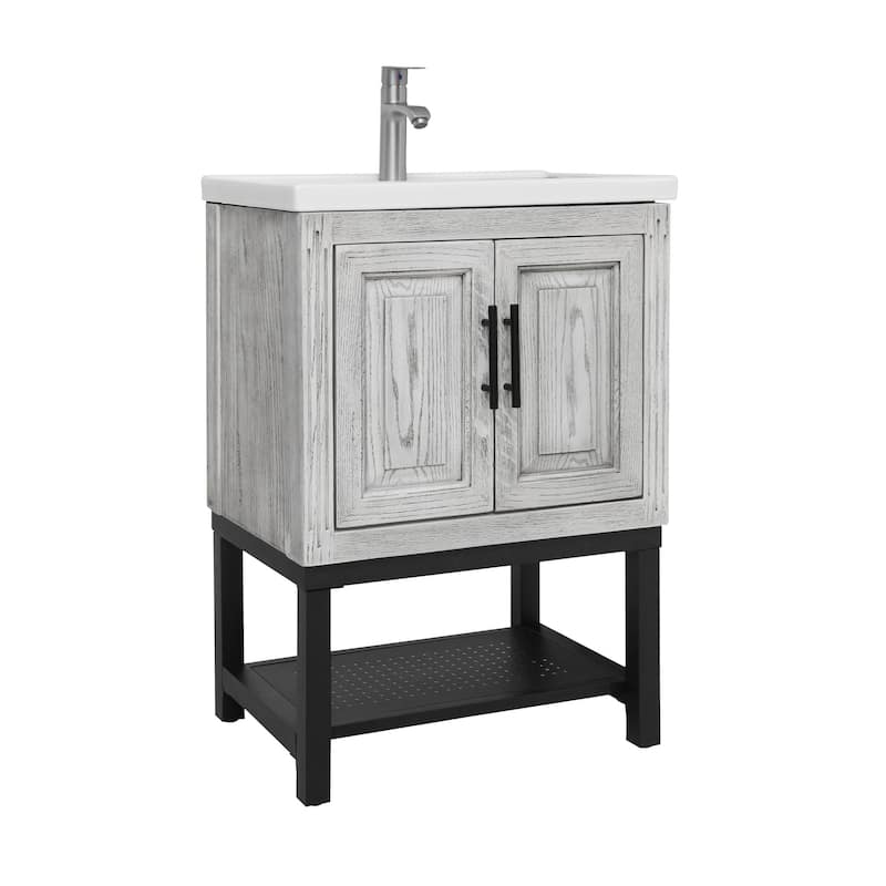 GDFStudio - CompactLine Modern Freestanding Bathroom Vanity with Ceramic Sink and Open Shelf - 24 Inch