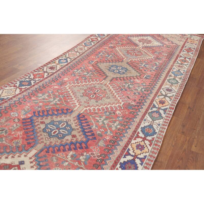 Distressed Bakhtiari Persian Vintage Runner Rug Handmade Wool Carpet - 3'5" x 9'10"