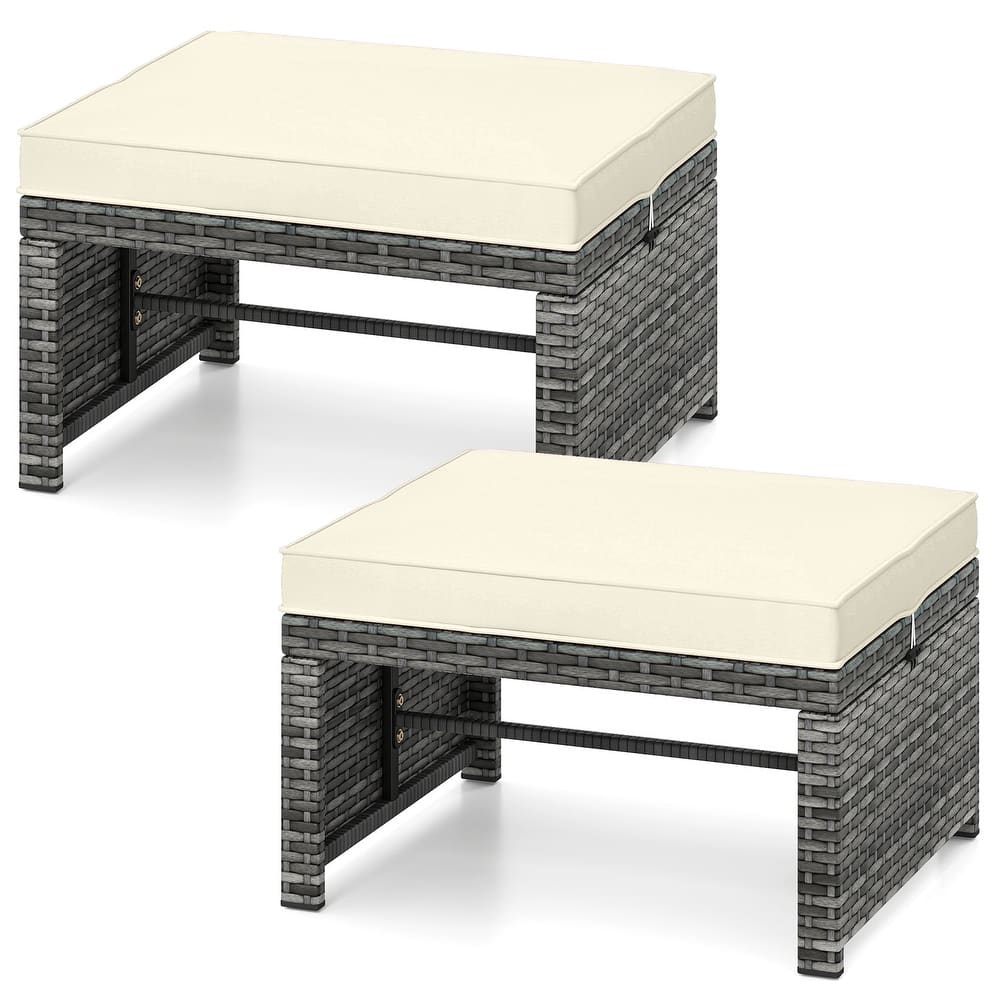 Gymax 2 Pieces Patio PE Rattan Ottomans with Soft Zippered Cushions