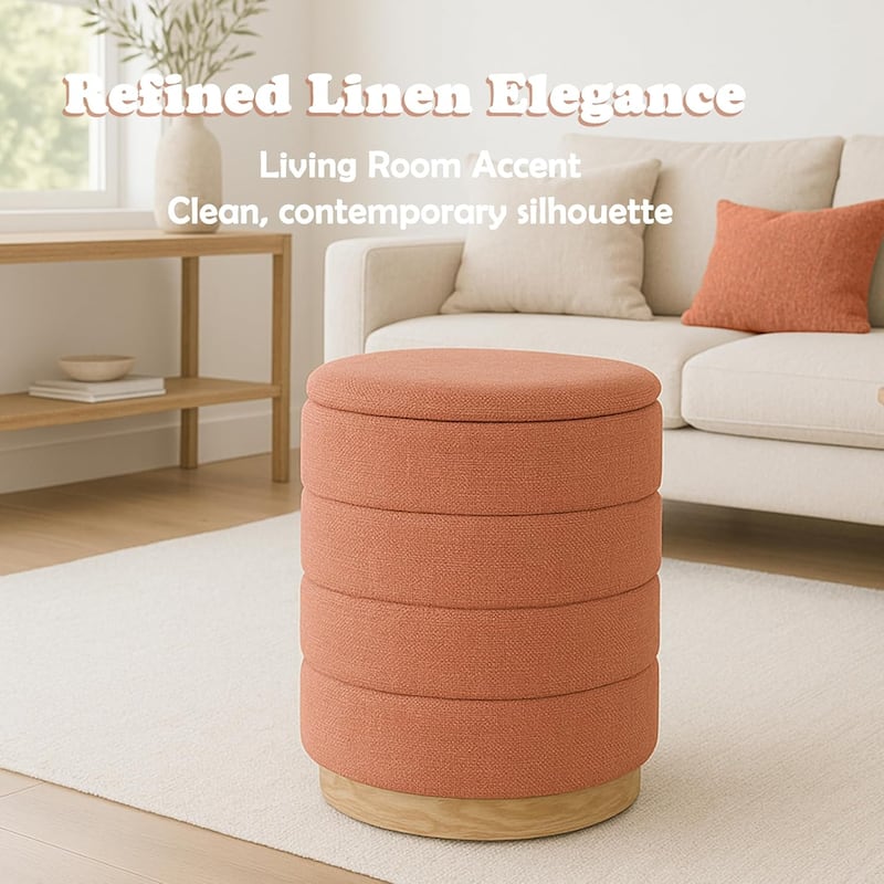 Modern Cylinder Ottoman with Hidden Storage Linen Upholstery Seat