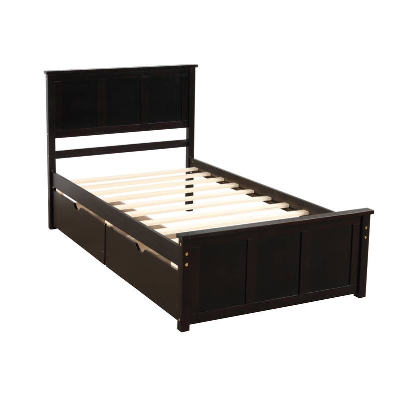 Pine Wooden Bed Frame with Wood Slat and Wheels, Twin Size Platform Bed with 2 Drawers Storage Bed for Bedroom/Apartment
