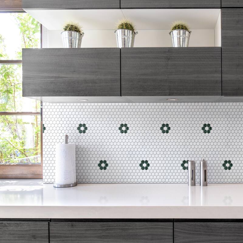 Merola Tile Metro Ion 1" Hex Emerald Single Flower w/ Glossy White 10-1/4" x 11-7/8" Porcelain Floor and Wall Tile