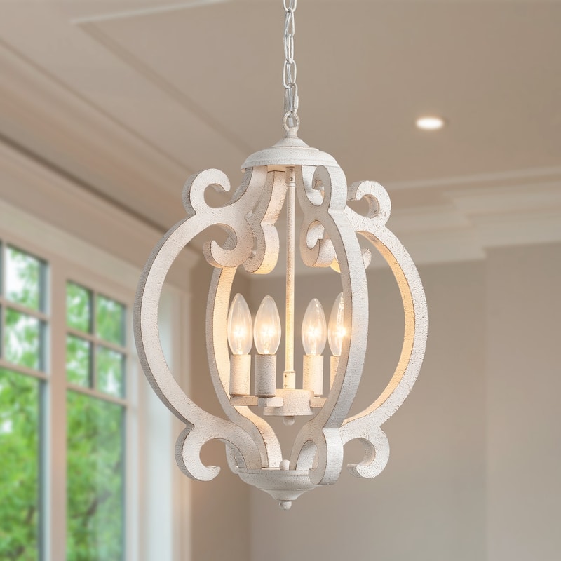 4-Light 15.74-inch Farmhouse Wooden Lantern Chandeliers for Entryway - White