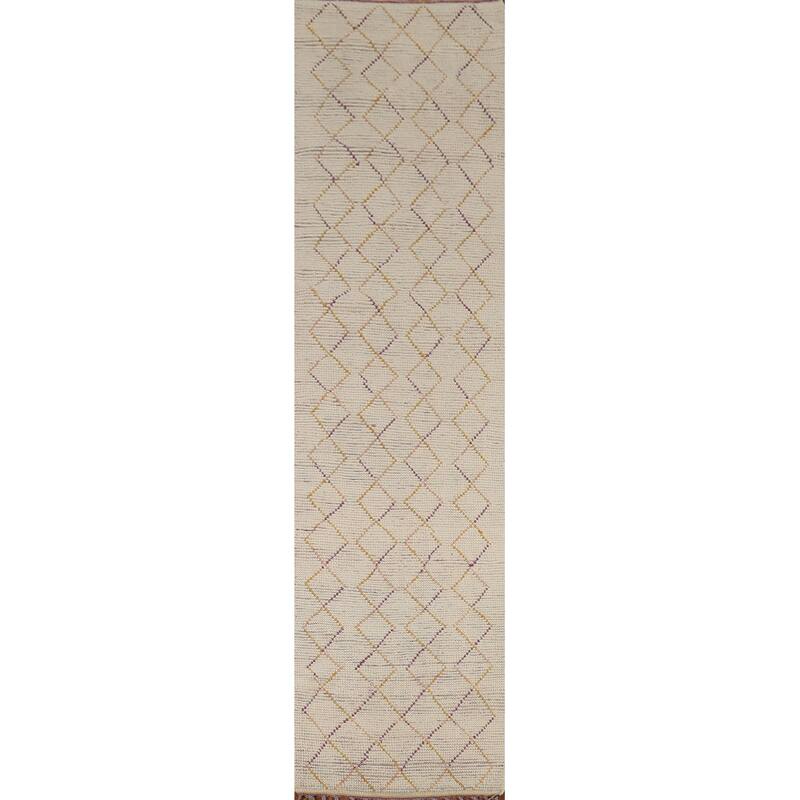 All-Over Trellis Moroccan Oriental Runner Rug Handmade Wool Carpet - 2'6"x 12'7"