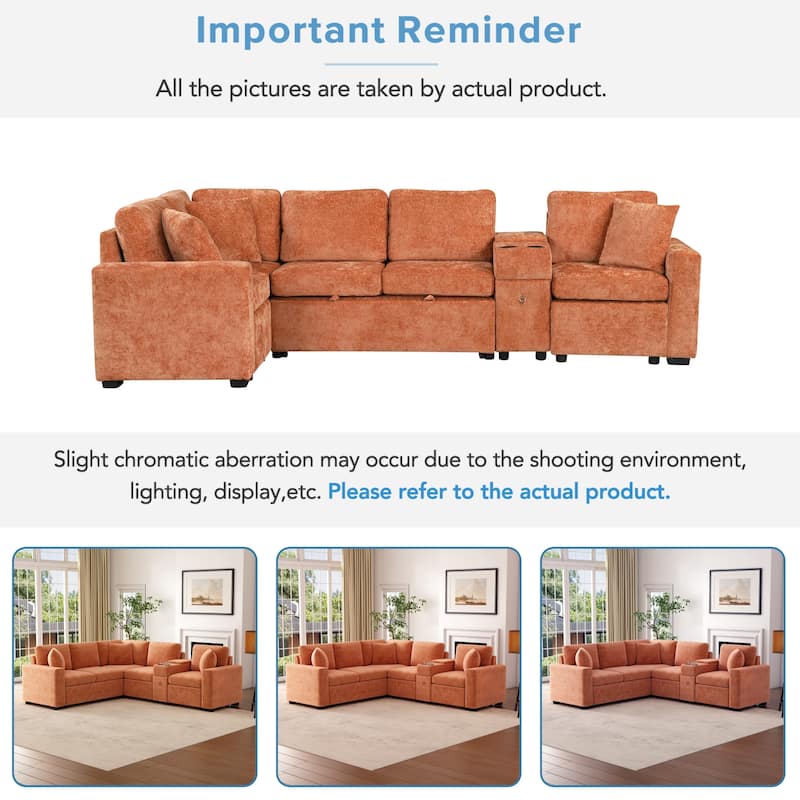 Roomfitters 120 Inch L-Shaped Sectional Sleeper Sofa with Pull-Out Bed and Cup Holders, Chenille