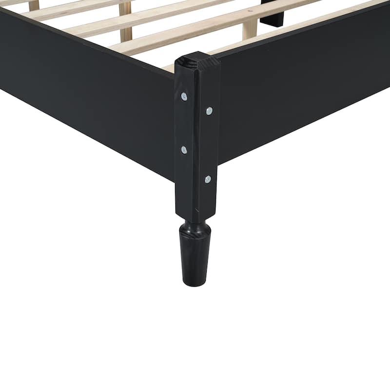 Wooden Frame Platform Bed Classic Bed Frame with Rattan Headboard, Bed Foot and Head Arc Design for Coastal Bohemian Bedroom