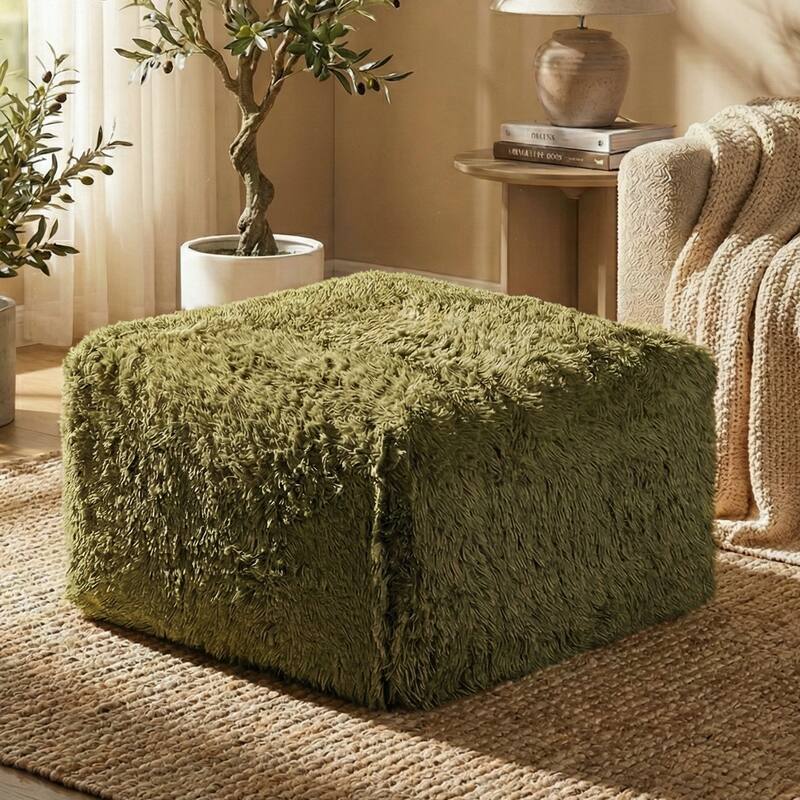 Furniture of America Ylena Modern Faux Fur Foam Modular Compressed Sofa Chair - Ottoman - Olive Green