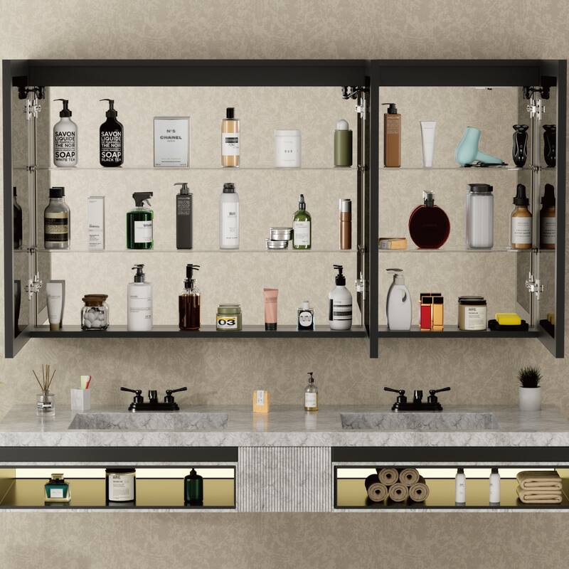 Grand Aluminum Medicine Cabinet with Mirror, Adjustable Shelves, Dimmable Light, Anti-Fog, Recessed or Wall Mount