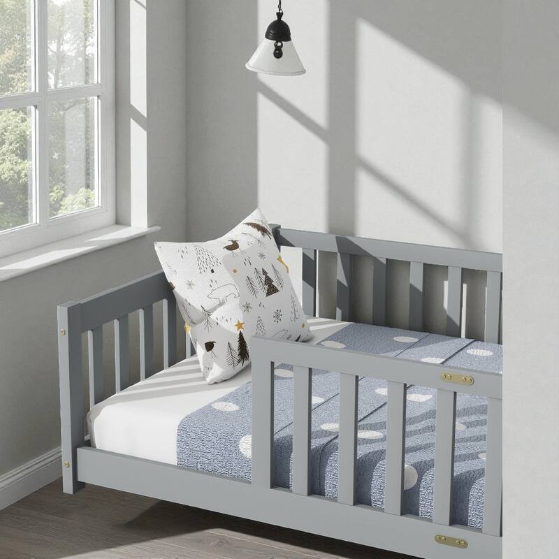 Twin Size Wooden Floor Bed with Fence, Solid Rubber Wood Montessori Bed Frame with Safety Guardrails for Kids