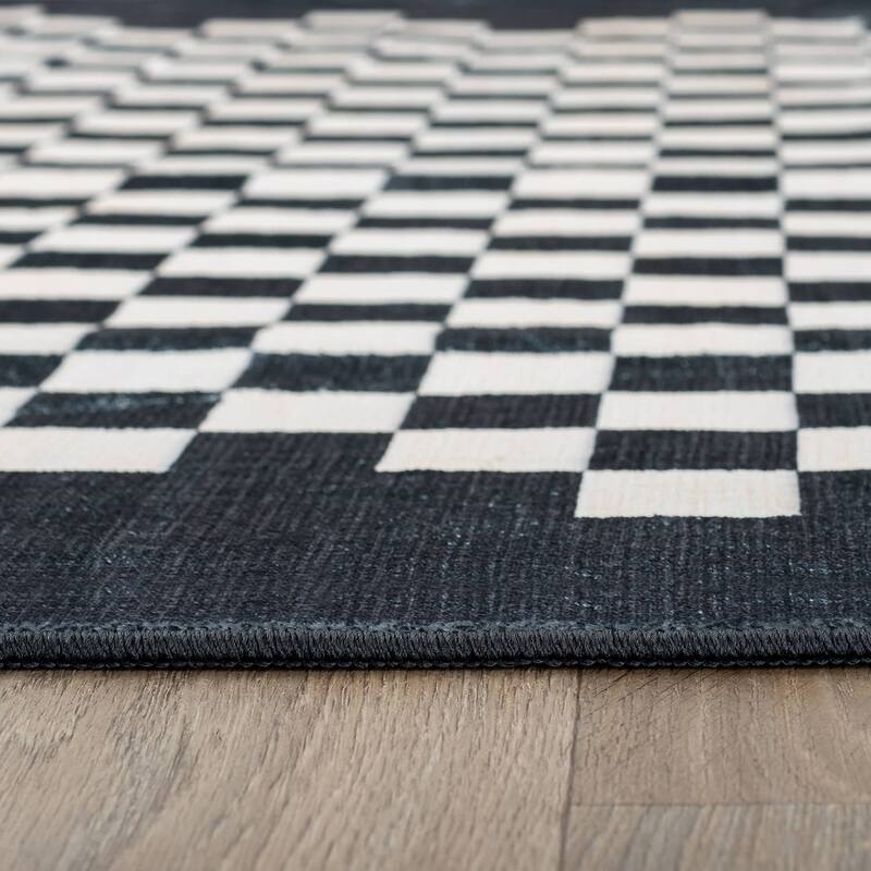 World Rug Gallery Contemporary Checkered Border Washable Non Slip Area Rug