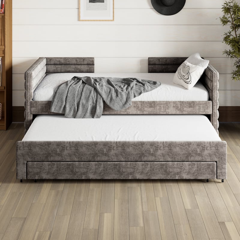Roomfitters Twin Upholstered Daybed with Trundle and 3 Storage Drawers, Linen Fabric Sofa Bed Frame for Guest Room