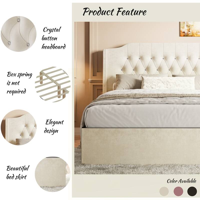 Tufted Upholstered Bed Frame with Crystal Button Accents