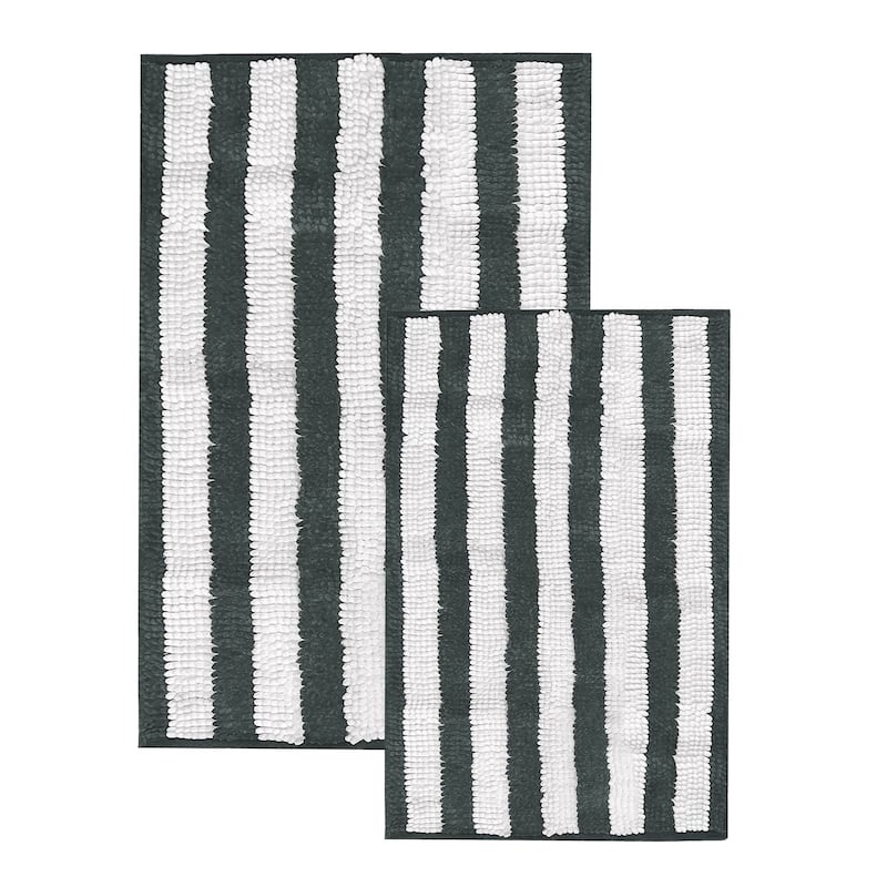 Large 2 Piece Set Charcoal Grey White Stripe Soft Cozy Plush Chenille Bath Mat Bathroom Rug