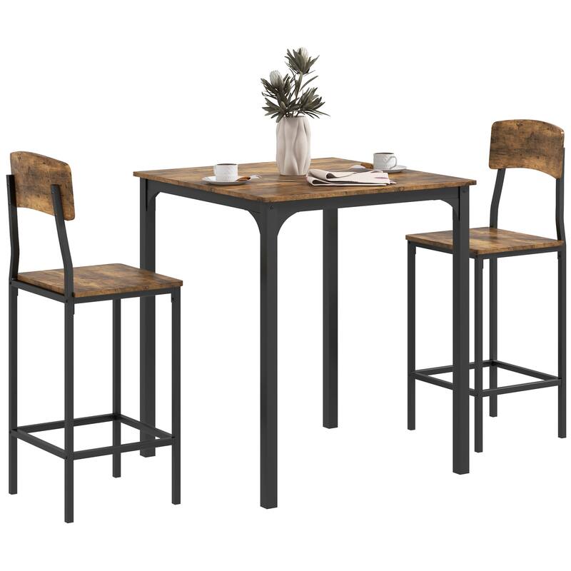 3 Piece Counter Height Bar Table and Chairs Set Industrial Small Dining Table Square Kitchen Table and Stools with Steel Frame