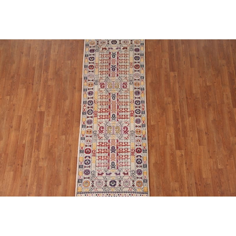 Tribal Geometric Khotan Runner Rug Handmade Wool Carpet - 2'6"x 8'0"