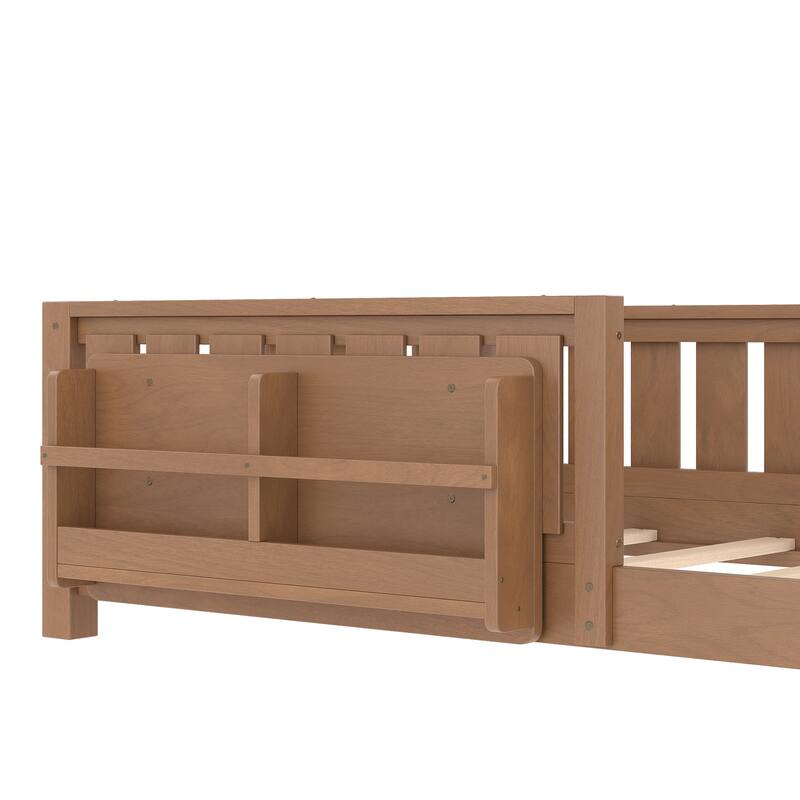 Montessori Floor Bed Low Profile Kids Bed with Rails & Bookshelf