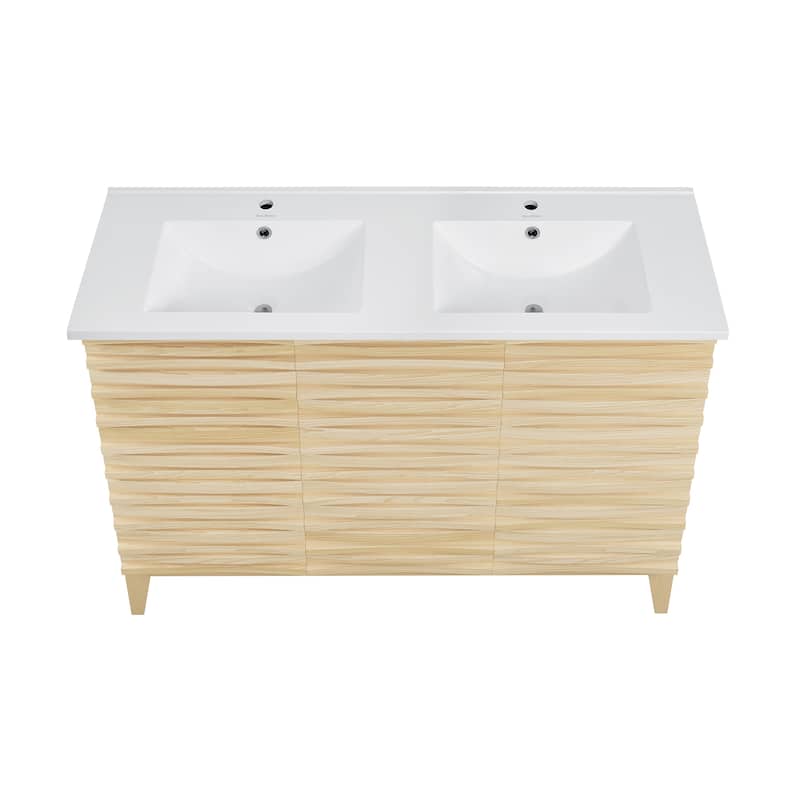Cascade 48 In. Natural Oak, Double Basin Bathroom Vanity With White Ceramic Sink Top