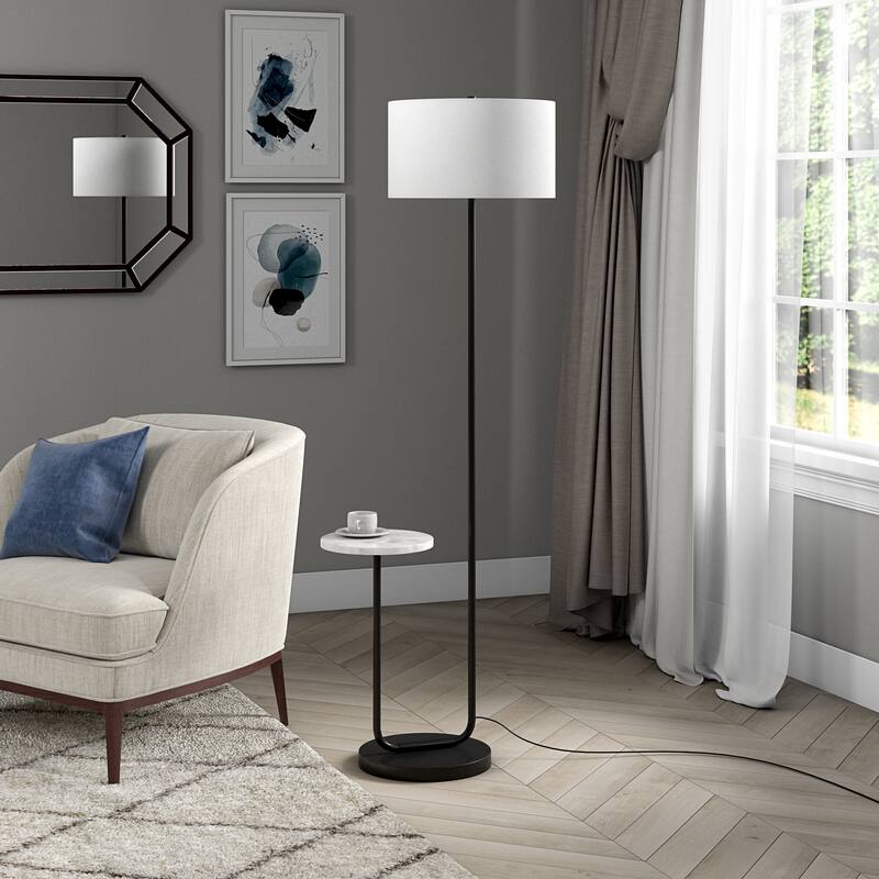 Jacinta Floor Lamp with Marble Tray Table and Fabric Shade - 23.75" Wide - Blackened Bronze/White Marble