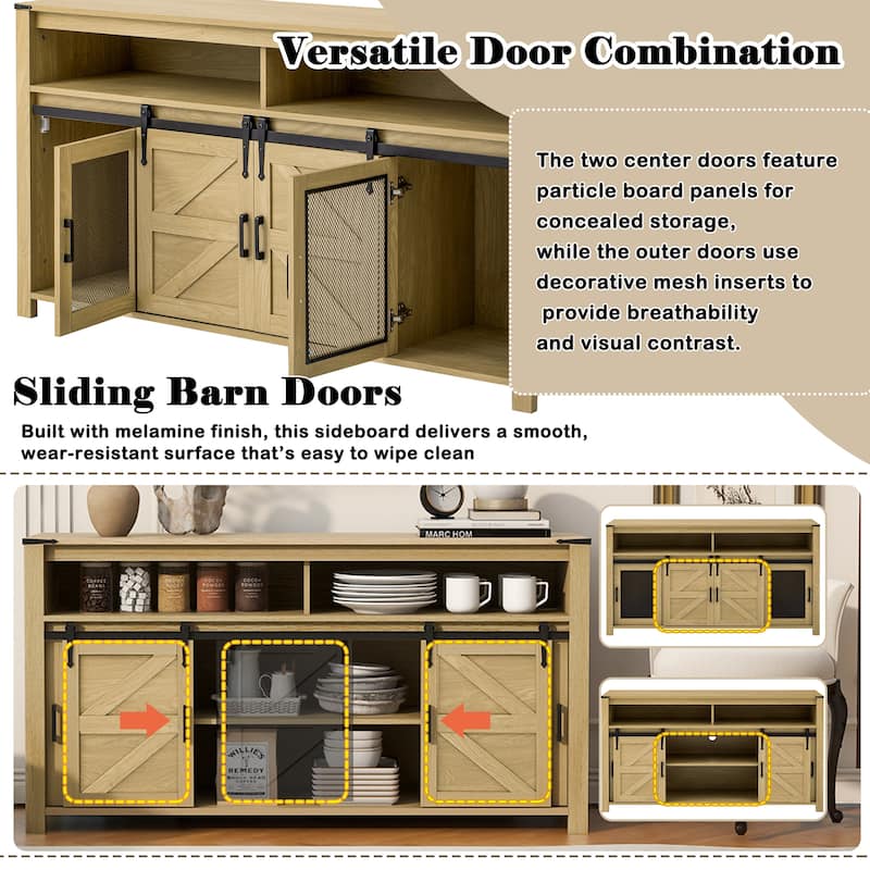 59.3" Farmhouse Sideboard with Sliding Barn Doors & Mesh Panels, Buffet Cabinet with Open Storage for Kitchen or Living Room