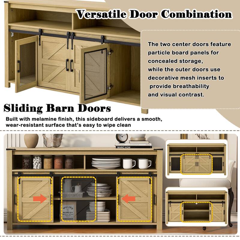 Sideboard Buffet Cabinet with Sliding Barn Doors & Open Shelf, Coffee Bar Storage Cabinet with Mesh Doors & Adjustable Shelf