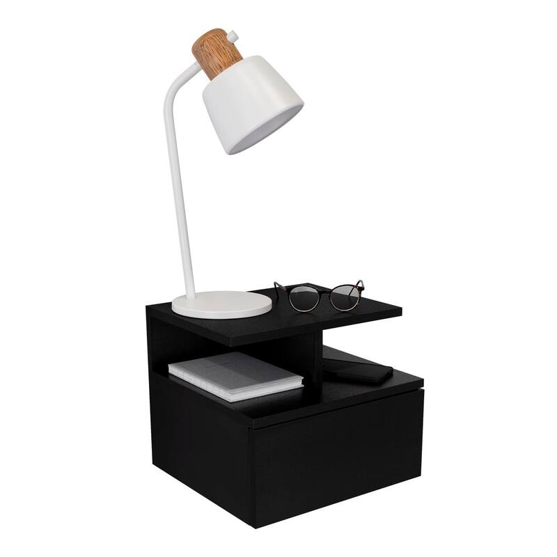 White Floating Nightstand, Wall-Mounted End Table with Storage Drawer & Open Shelf