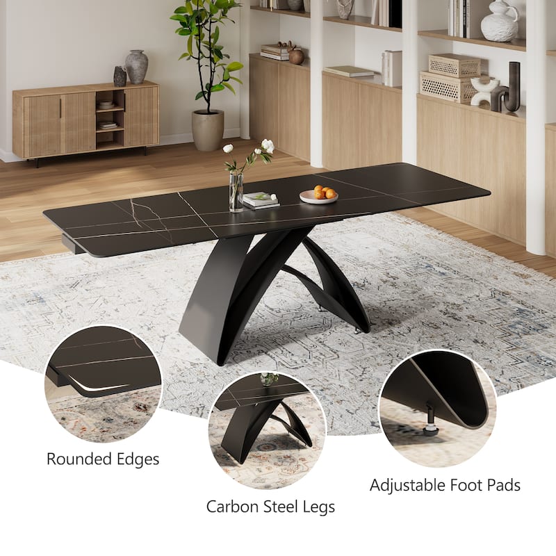 63-95"Extendable Modern Dining Table for 6-10, Black Sintered Stone Tabletop