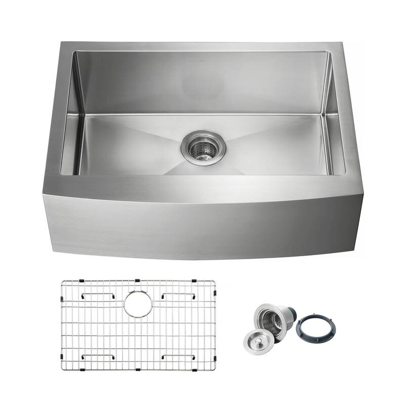 Handcrafted Farmhouse Apron Single Bowl Real 16 gauge Stainless Steel Kitchen Sink with Strainer and Grid - 30 Inch