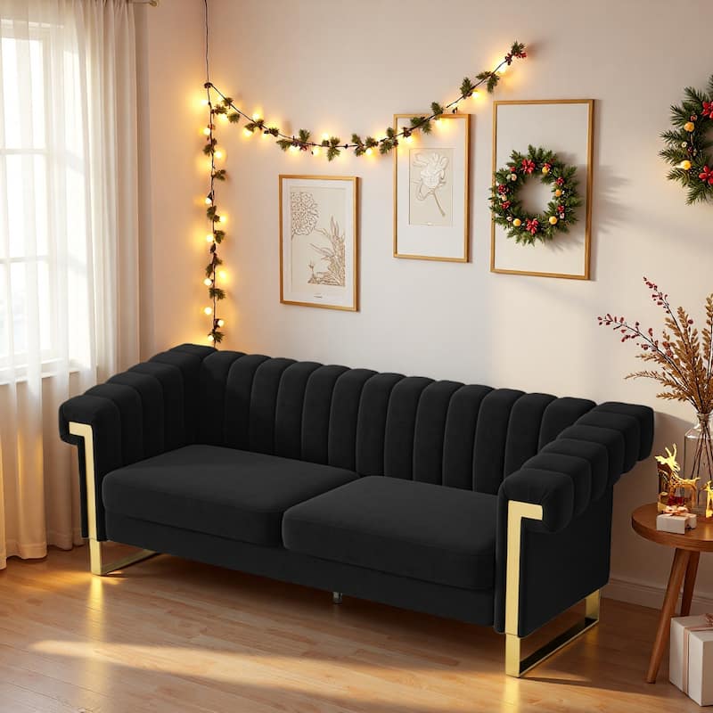 Velvet Sofa Couch for Living Room, Modern Loveseat Couch with Gold Accents, Apartment Chesterfield Sofa - Black